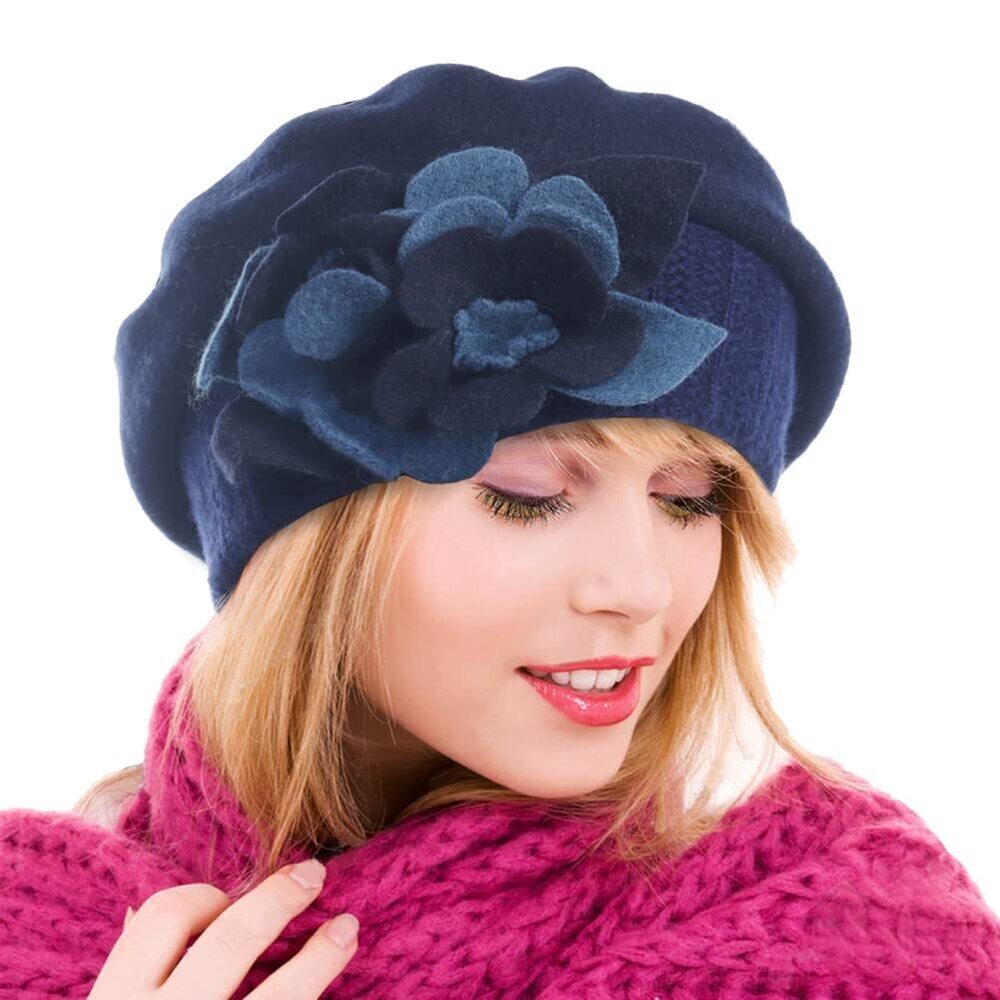 8653 Womens Wool Berets French Beret Beanie Winter Hats Hy022 (hy023-navy)